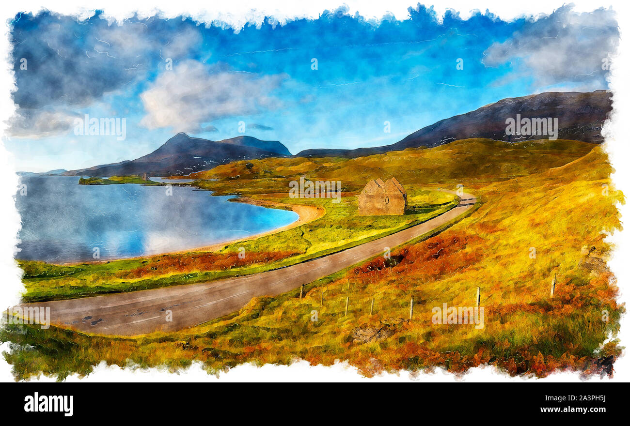 Aquarellmalerei im Herbst am Loch Assynt in Schottland mit den Ruinen von Calda Haus und Ardvreck Castle in der ganz linken Stockfoto