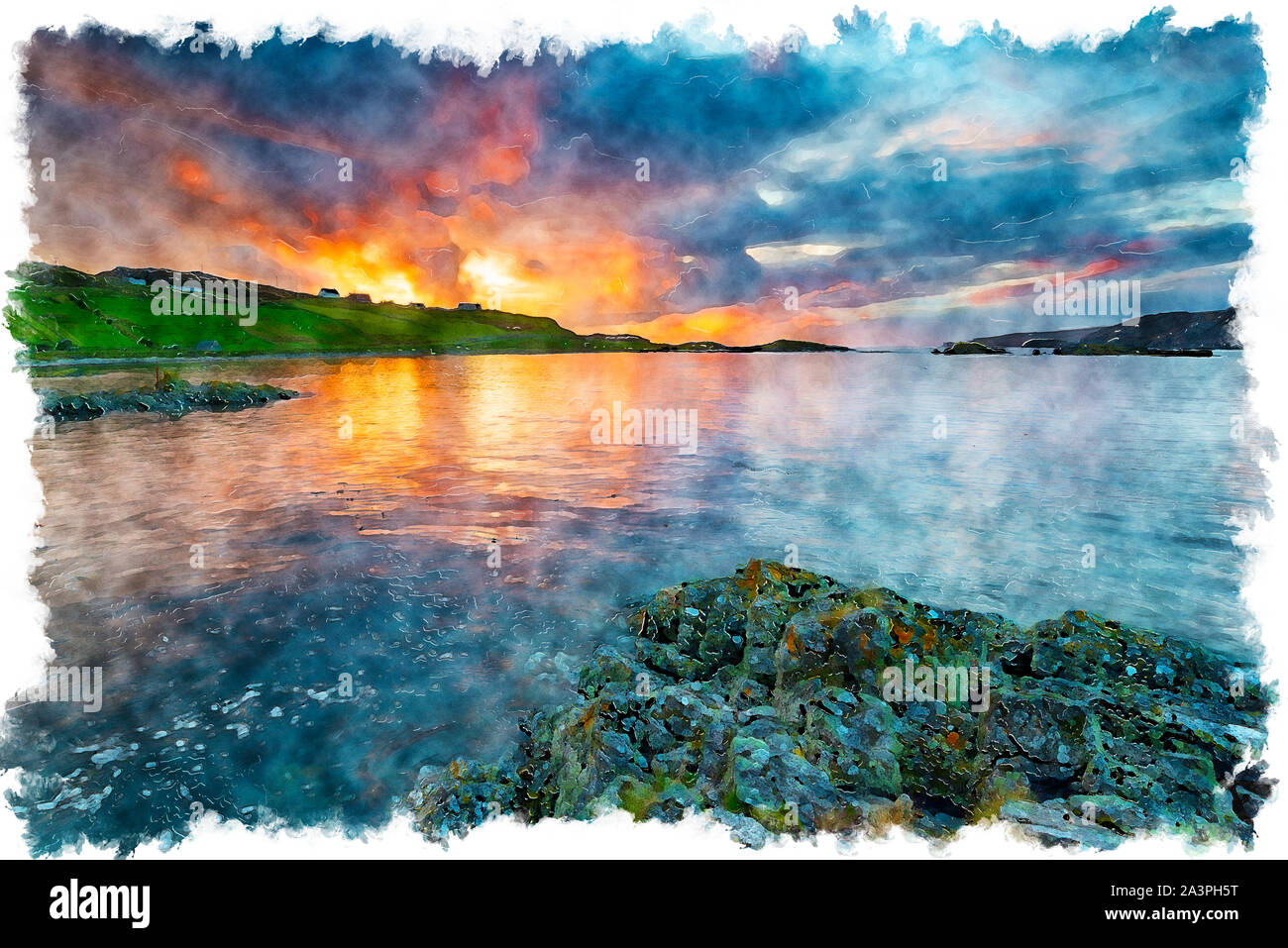Aquarellmalerei der Sonnenuntergang bei scourie Bay in den Highlands von Schottland Stockfoto