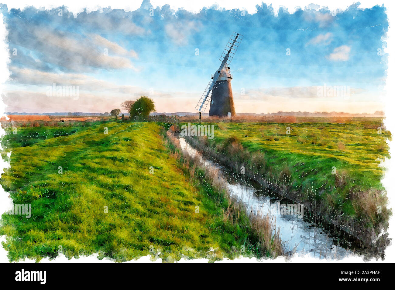 Aquarell von halvergate Windmühle in der Nähe von Great Yarmouth in Norfolk Broads, auch "Hammel Mühle bekannt Stockfoto