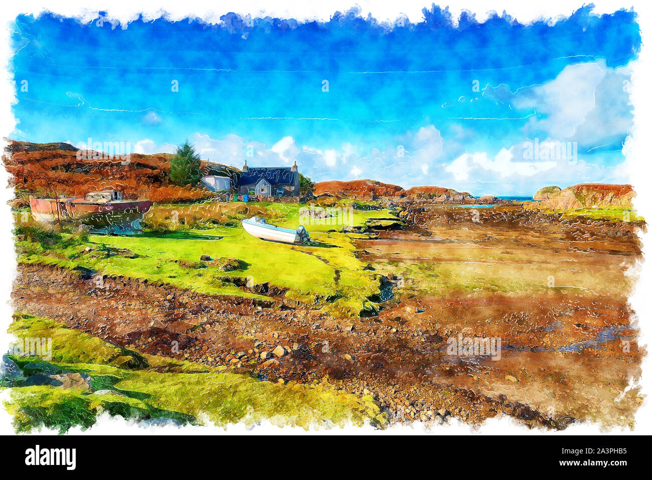 Aquarell Malerei einer Hütte am Ufer auf Kintra auf der Isle of Mull Stockfoto