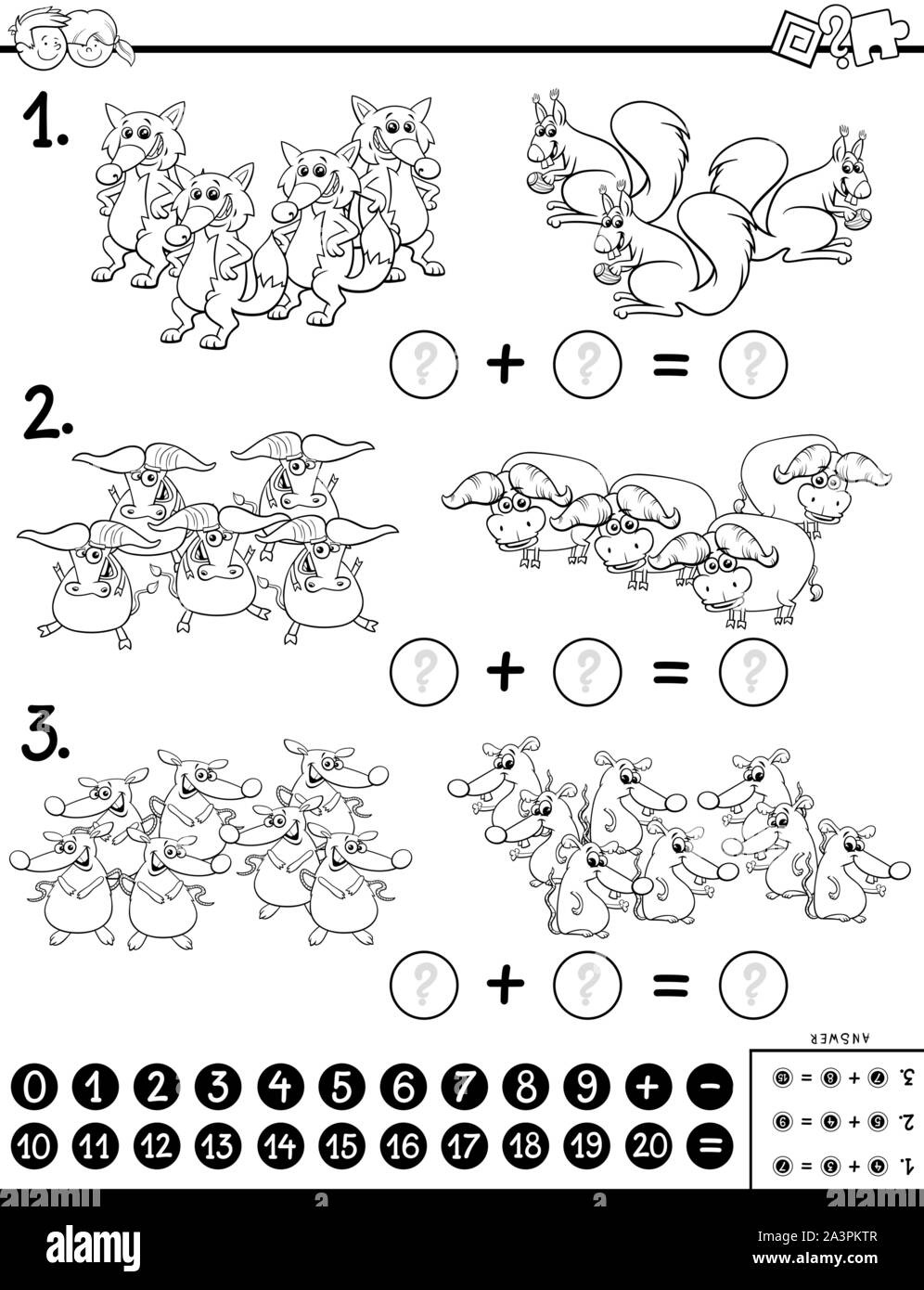 Schwarze und Weiße Cartoon Illustration der Pädagogischen Mathematische hinaus Puzzle Aufgabe für Kinder mit wilden Tier Zeichen Malbuch Stock Vektor