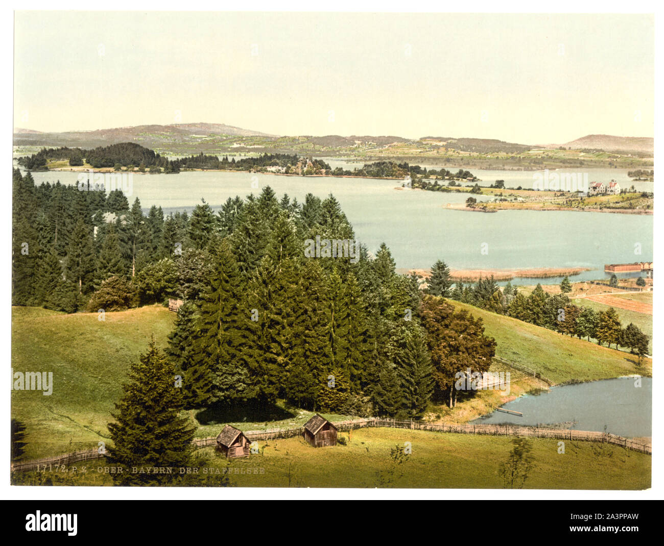 Staffelsee, allgemeine Ansicht, Oberbayern, Deutschland Titel von den Detroit Publishing Co., Katalog J - Ausland Abschnitt. Detroit, Mich.: Detroit fotografische Gesellschaft, 1905. Drucken Art.Nr. 17172. Teil: Blick auf Deutschland in den Photochrom Print Collection. Stockfoto