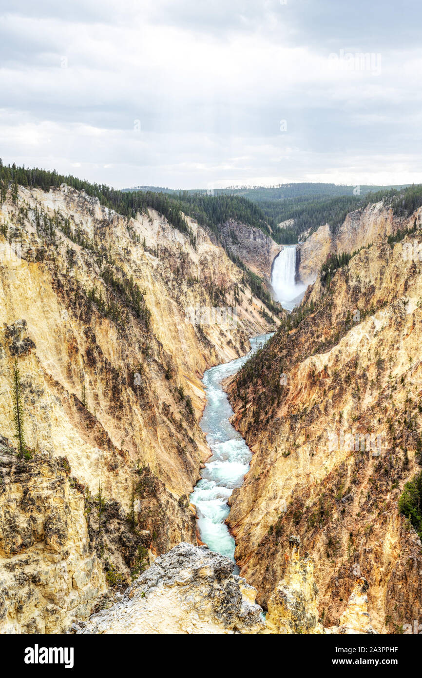 Lower Falls und Grand Canyon im Yellowstone, von Künstler zeigen. Der Canyon ist 20 Meilen lang, über 1.000 Meter tief und bis zu 4.000 Meter breit. Stockfoto
