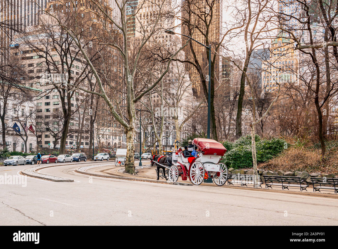 New York City, NY, USA - 25. Dezember, 2018 - Central Park Sehenswürdigkeiten Kutschfahrten in einer schönen kalten Winter Tag in Manhattan. Stockfoto
