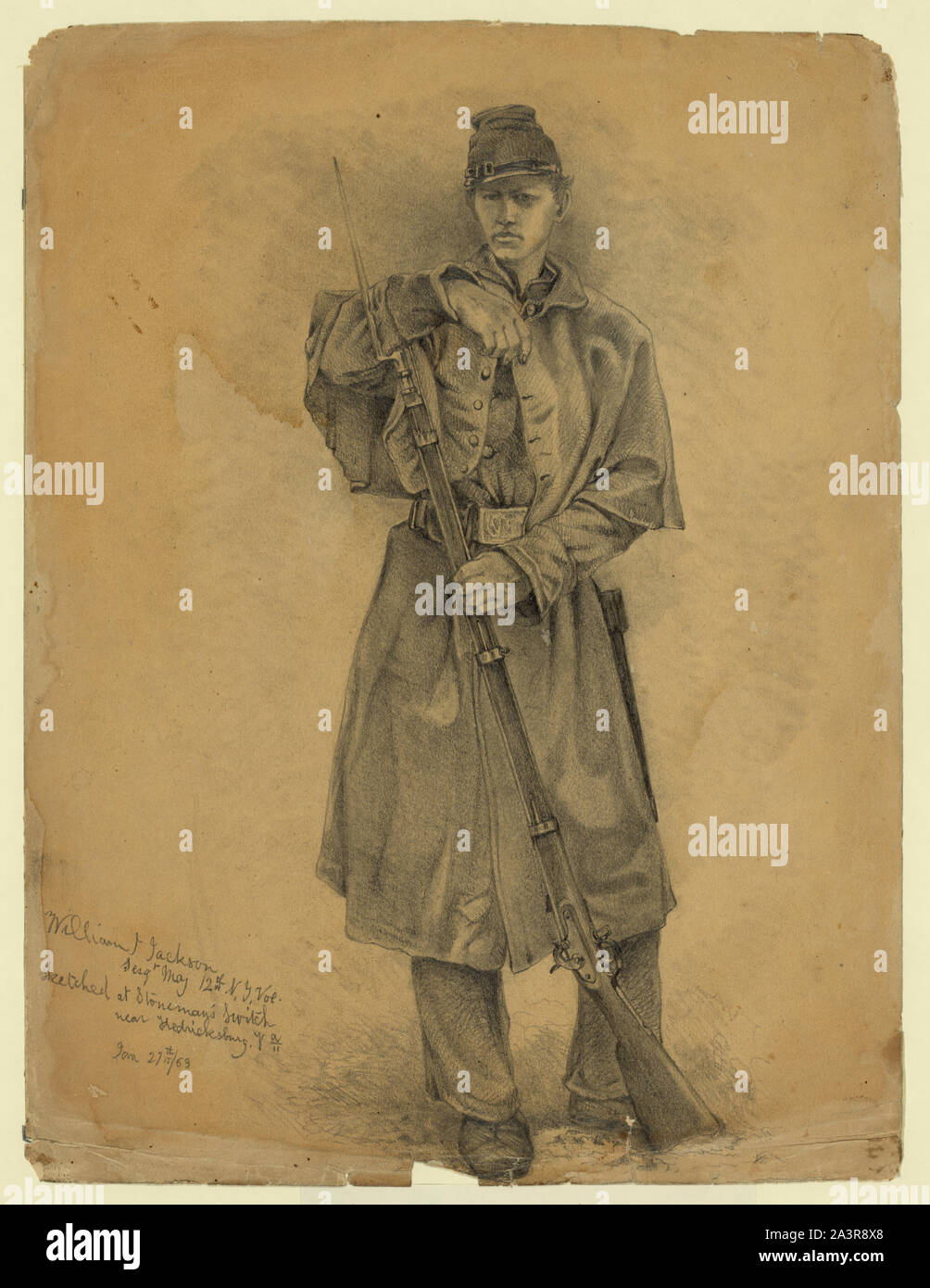 Studie der Infanterie Soldat auf Guard - William J. Jackson, sergt. Maj 12 N.Y. Bde. - an der Stoneman Schalter skizziert, in der Nähe von Fredricksburg [sic], Va. Jan. 27th, 1863 Stockfoto