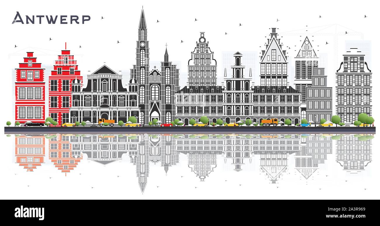 Antwerpen Belgien Skyline der Stadt mit grauen Gebäuden und Reflexionen isoliert auf Weiss. Vector Illustration. Stock Vektor