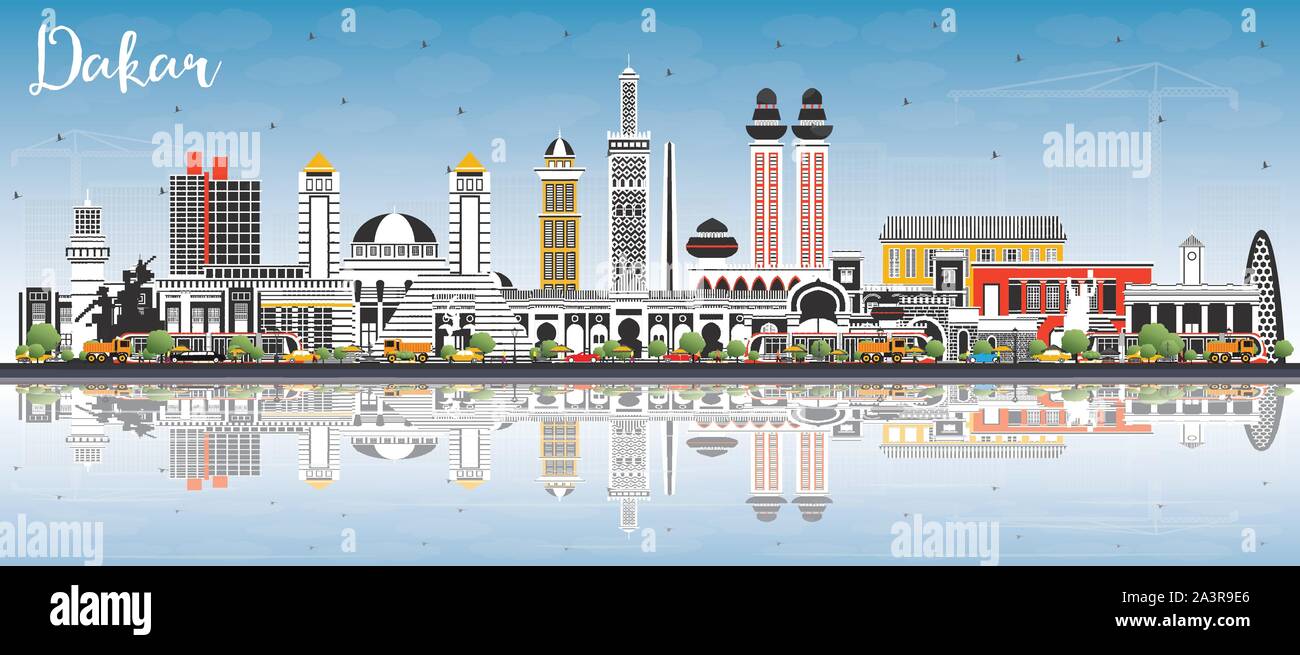 Dakar Senegal Skyline der Stadt mit Gebäuden, blauer Himmel und Reflexionen. Vector Illustration. Stock Vektor