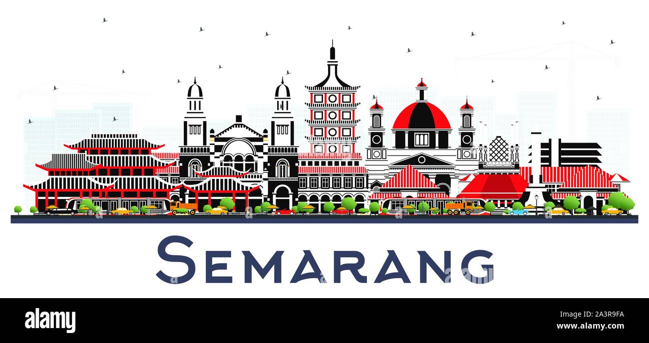 Semarang Indonesien Skyline der Stadt mit Farbe Gebäude isoliert auf Weiss. Vector Illustration. Business Travel und Konzept mit moderner Architektur. Stock Vektor