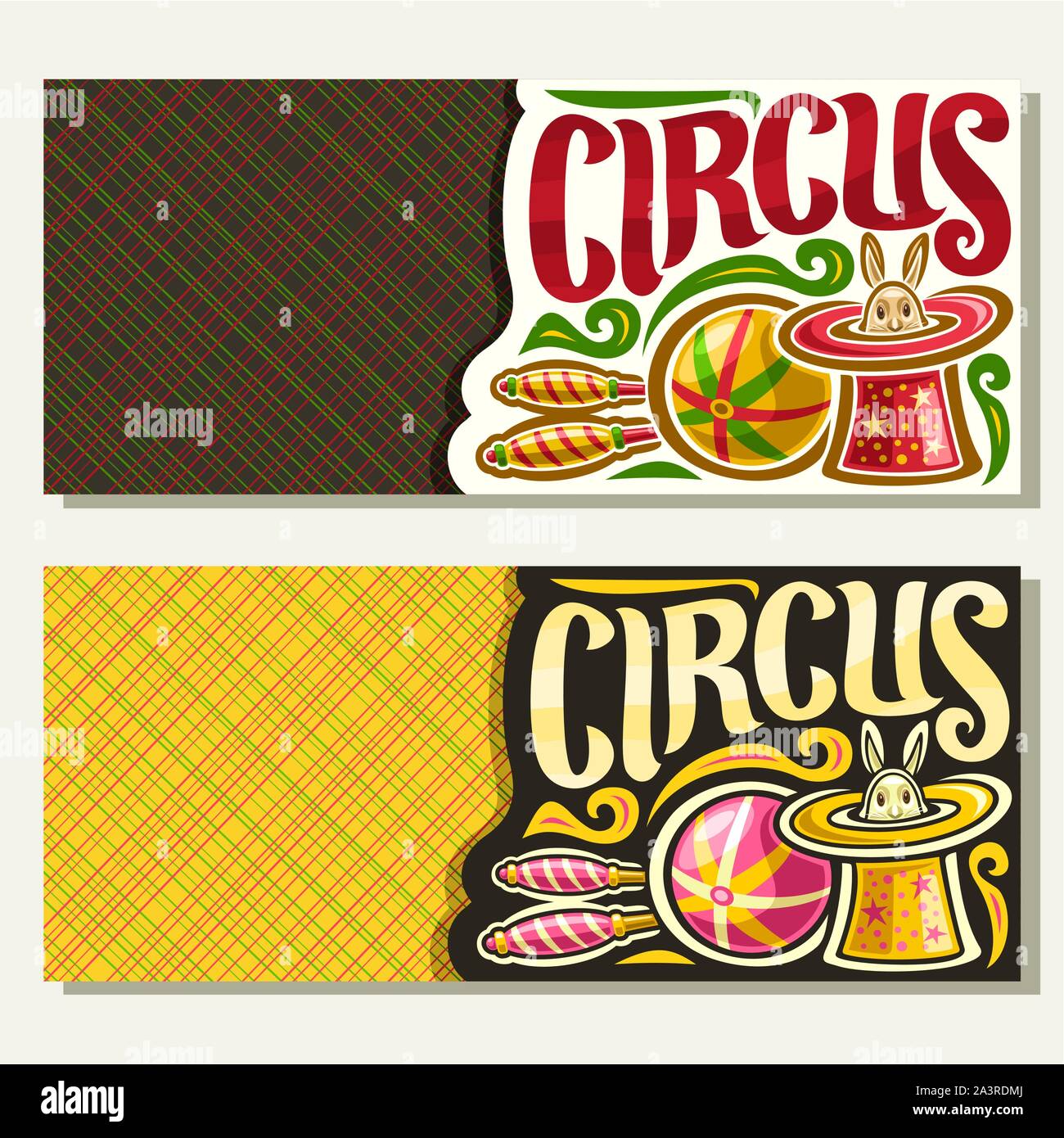 Vektor Banner für Zirkus mit Kopieren, original Pinsel Schriftart für Titel Circus, 2 Tickets für Cirque Leistung mit Jonglierclubs und Ball, Zirkus Stock Vektor