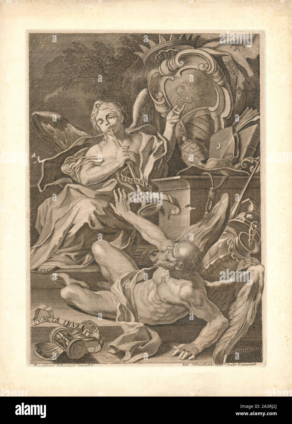 Kupferstich von Jacques Blondeau schildert der Engel der Ewigkeit stürzen - Saturn. Datum: 1681. Die folgende Abbildung aus dem Buch "Epitome historiarum de Re Stockfoto