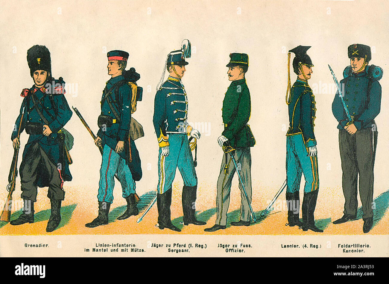 Die Uniformen der belgischen Armee in das Feld ein. Von links nach rechts 1. Grenadier 2. Die infanterie in Mantel und Kappe. 3. Jager zu Pferd (1. Reg.) Stockfoto