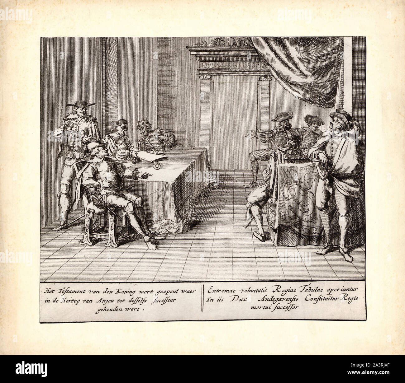 Nach dem Willen von König Karl II. von Spanien, Philipp Herzog von Anjou wurde genannt: Erbe der spanischen Thron. Gravur. Von 1701-1706 S. Schenk Stockfoto