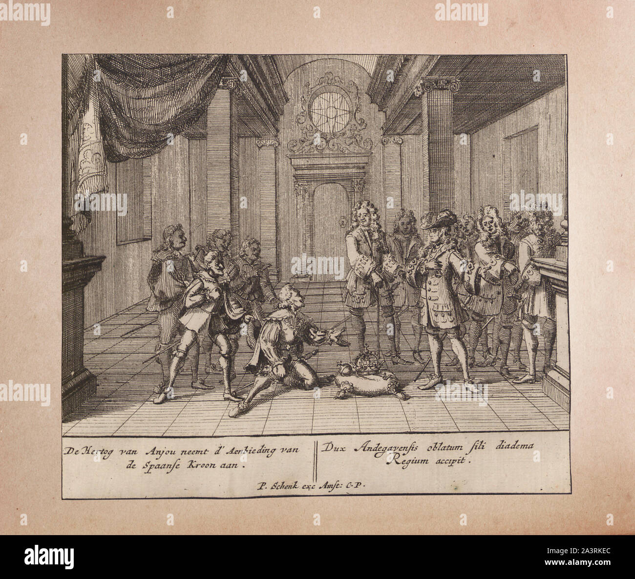 Philip, Herzog von Anjou präsentiert die spanische Krone (als König Philipp V. von Spanien) am 1. November 1700. Gravur. 1701-1706. Stockfoto