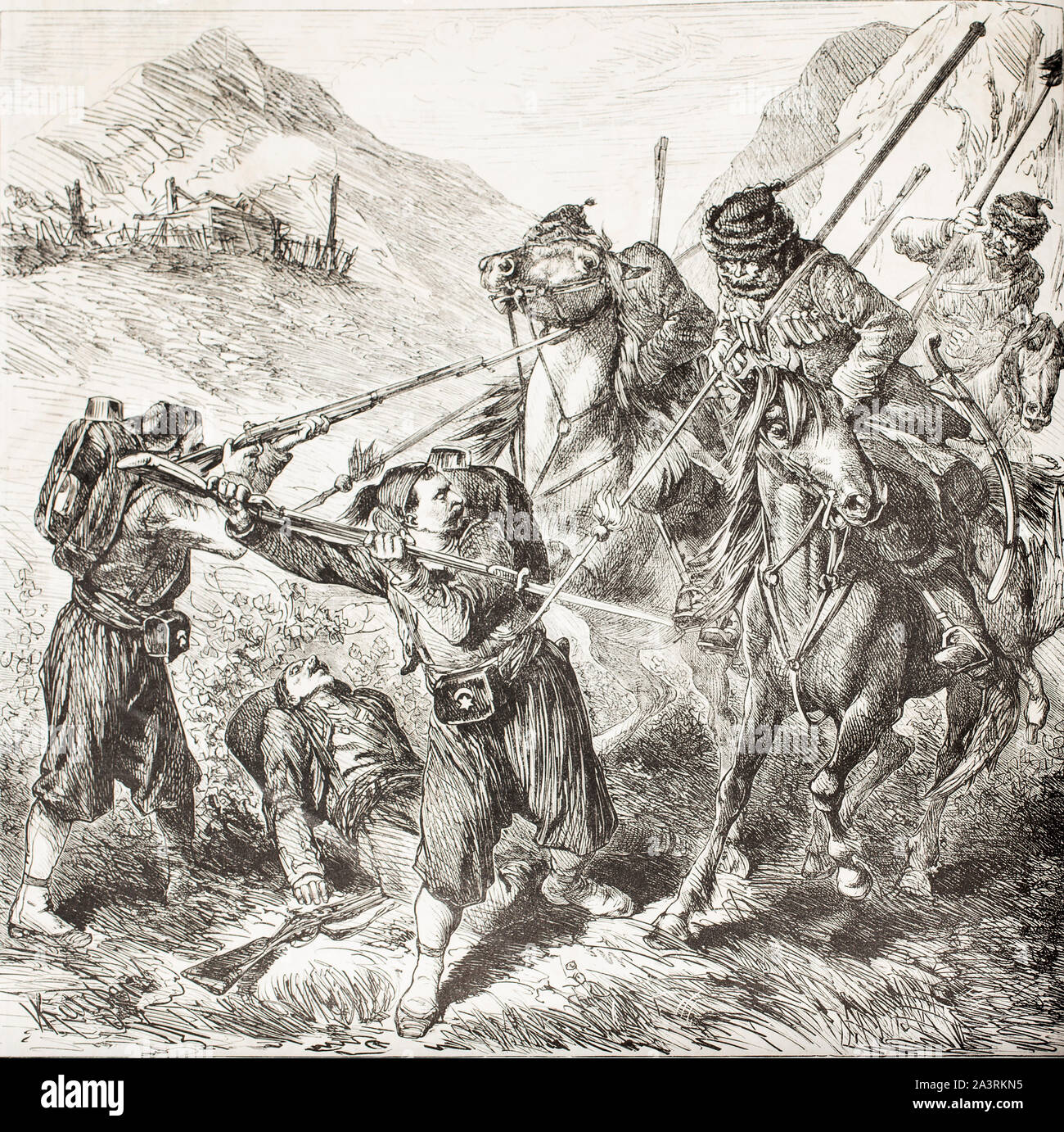 Kosaken im Kampf mit den Turkishoutposts in Morava während des Russisch-türkischen Krieg von 1877-78. Stockfoto