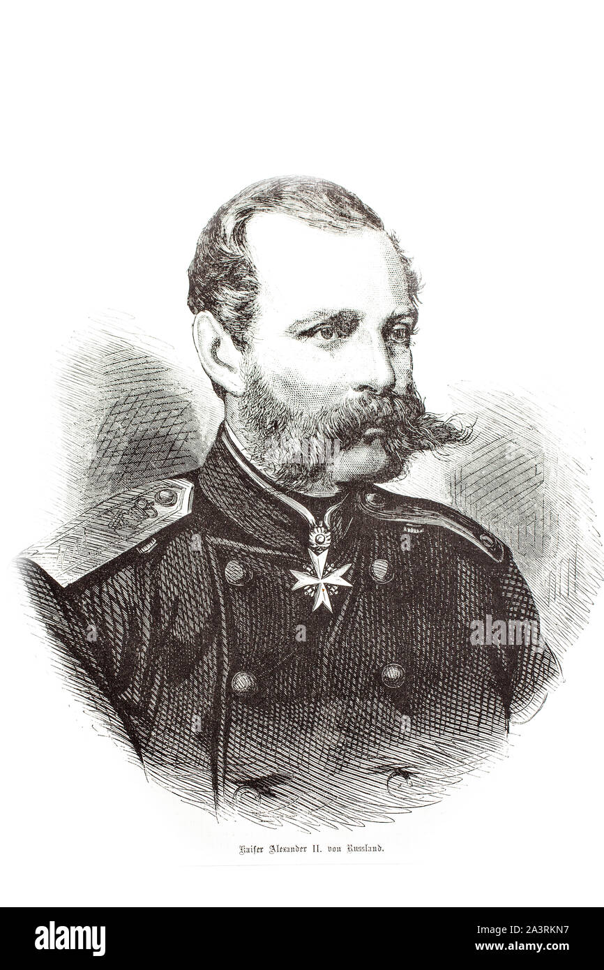 Gravur von Alexander II (1818-1881) der Kaiser von Russland vom 2. März 1855 bis zu seiner Ermordung am 13. März 1881. Er war auch der König von Pola Stockfoto