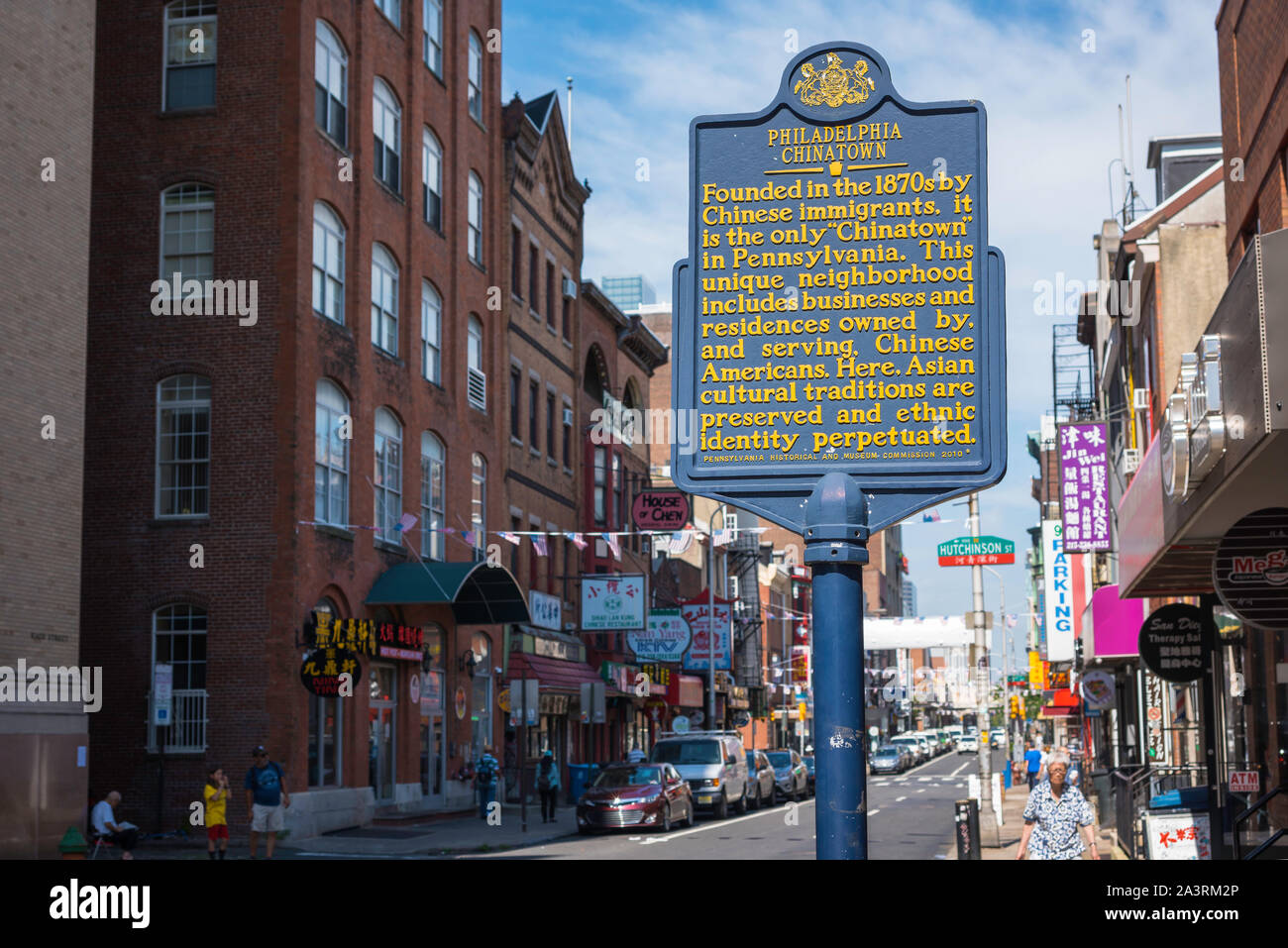Philadelphia Chinatown, Blick auf die Philadelphia City Heritage Zeichen gelegen am Eingang der Chinatown Gegend der Stadt, Pennsylvania, PA, USA Stockfoto