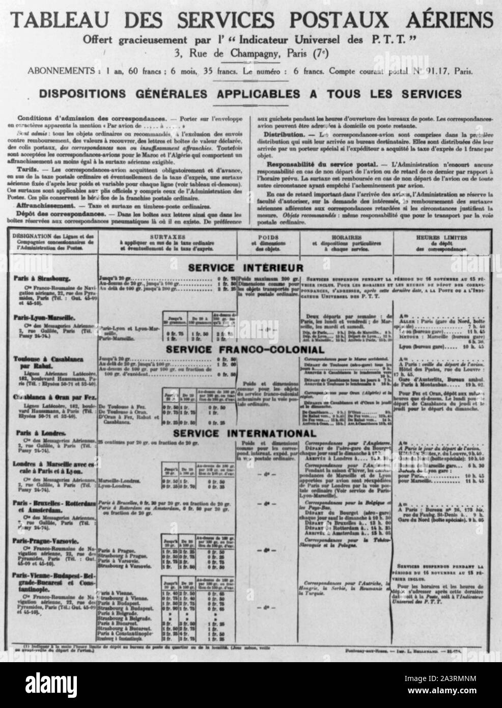 Tableau des Services postaux Aériens. Gracieusement Offert par l'indicateur Universal des S.T.T... Dispositionen GÉNÉRALES APPLICABLES a tous les Services Text - nur Breitseite beschreibt Air Mail Postdienste durch Ballon zur Verfügung gestellt. Stockfoto