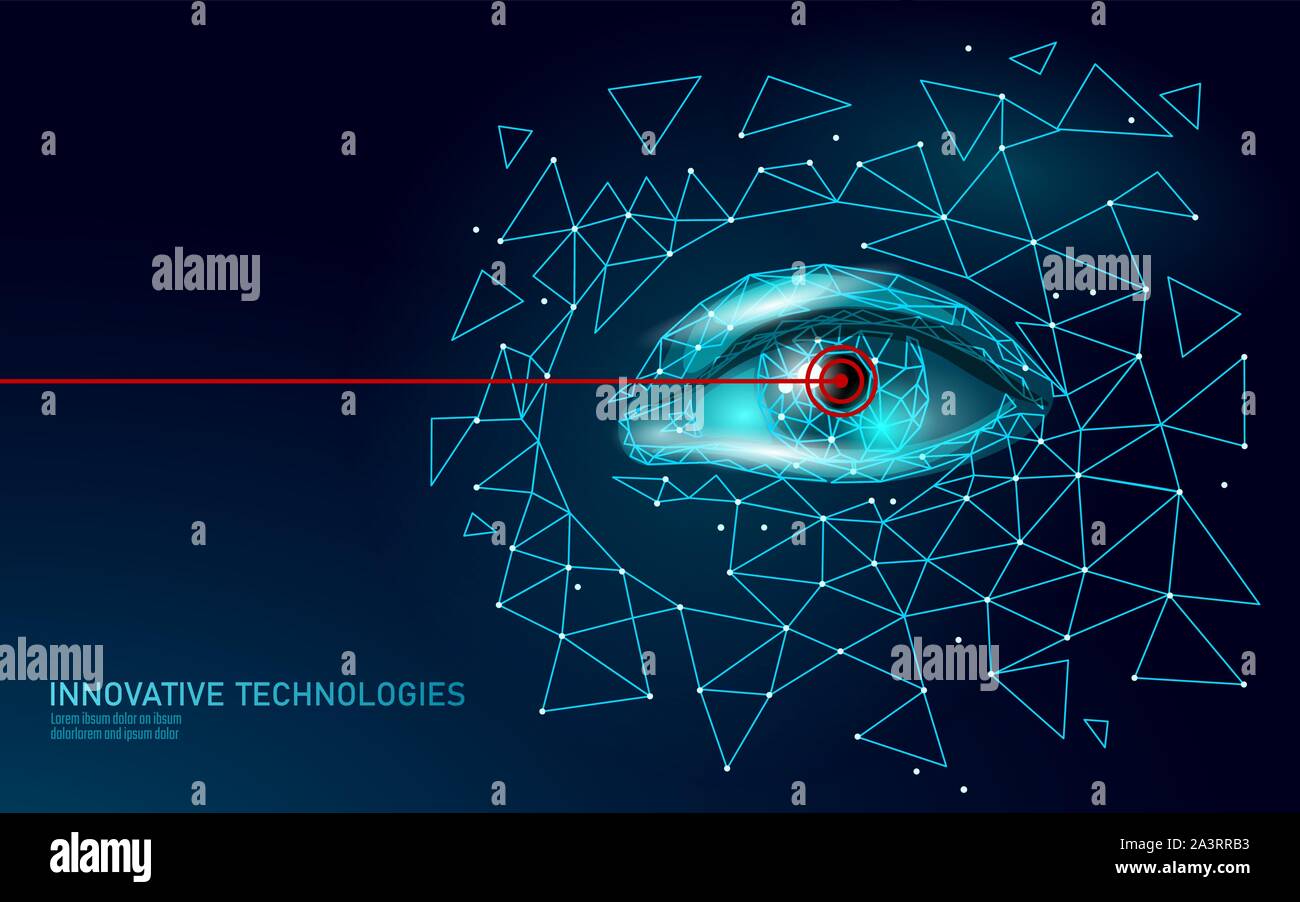 Augenlaser 3D medizinisches Konzept. Abstrakte menschliche Iris moderne Operation Chirurgie Technologie Low Poly. Dreiecke polygonalen rendering Form Stock Vektor