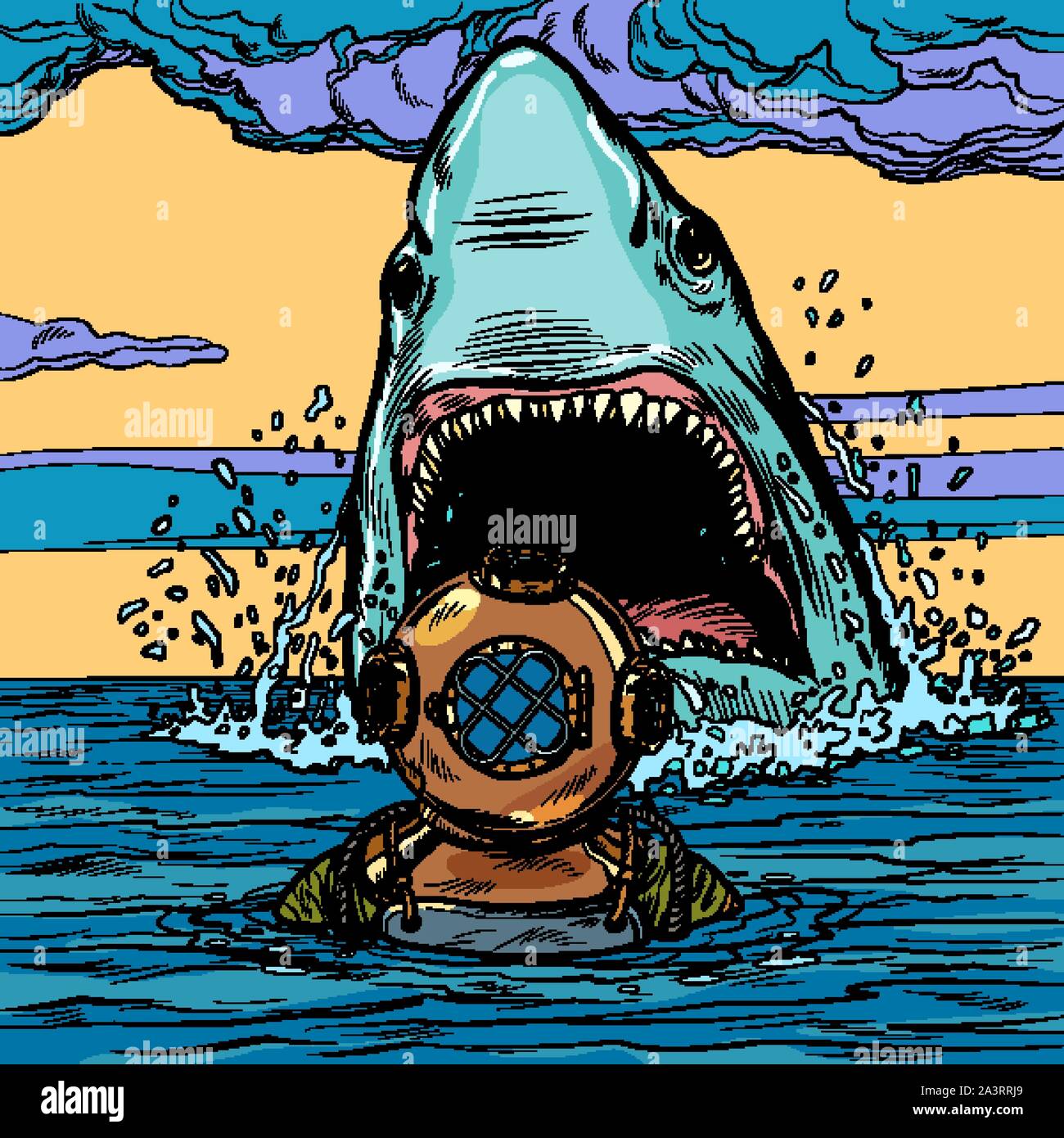 Shark Attack auf Taucher. Pop Art Vector Illustration Zeichnung Stock Vektor
