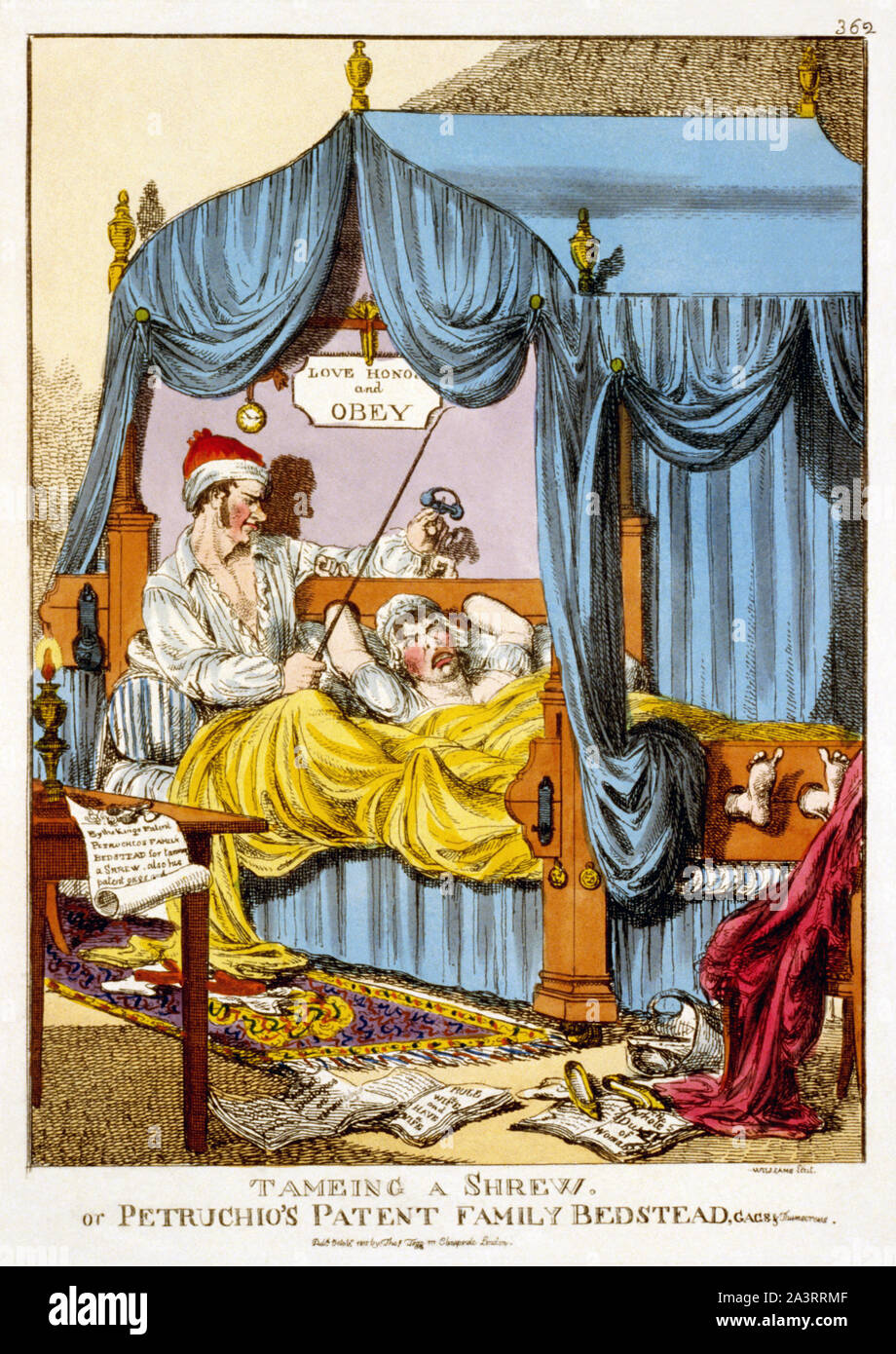 Tameing eine Spitzmaus oder petruchio, der Patentfamilie Bettgestell, Gags & Thumscrews - eine satirische Karikatur von Williams, verweisen auf Shakespeares "Der Widerspenstigen Zähmung". Anders als die Mehrheit der inländischen Verführer in England 1815 (Wer grob auf ihre Frauen in passt des betrunkenen Wut schlug), Petruchio in diesem Bild nimmt einen Kühl methodische multidisziplinären Ansatz zur Durchsetzung von Wifely gehorsam. Frau des Mannes hat zu seinem Bett gebunden gewesen, er droht ihr mit Rändelschrauben, und ein Zeichen hängt über Ihr, das Zitieren einer Zeile aus der Hochzeit der Zeit: Liebe, Ehre, und gehorchen. Siehe die satirische Blick von Cindy Stockfoto