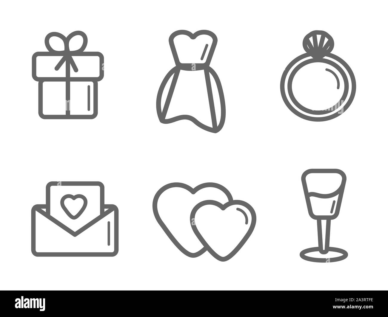 Hochzeit Symbol auf weißem Hintergrund eingestellt. Abbildung. Einladung zur Veranstaltung, Hochzeit Kleid und mehr für Web Design und mobile App. Stockfoto