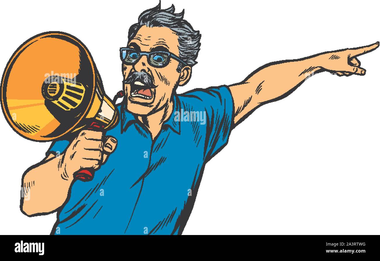 Wütend älterer Mann mit Megaphon. Pop Art retro Vektor illustration Zeichnung vintage Kitsch Stock Vektor