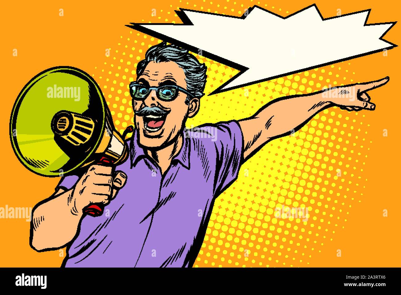 Ein älterer Mann mit einem Megaphon. Pop Art retro Vektor illustration Zeichnung vintage Kitsch Stock Vektor