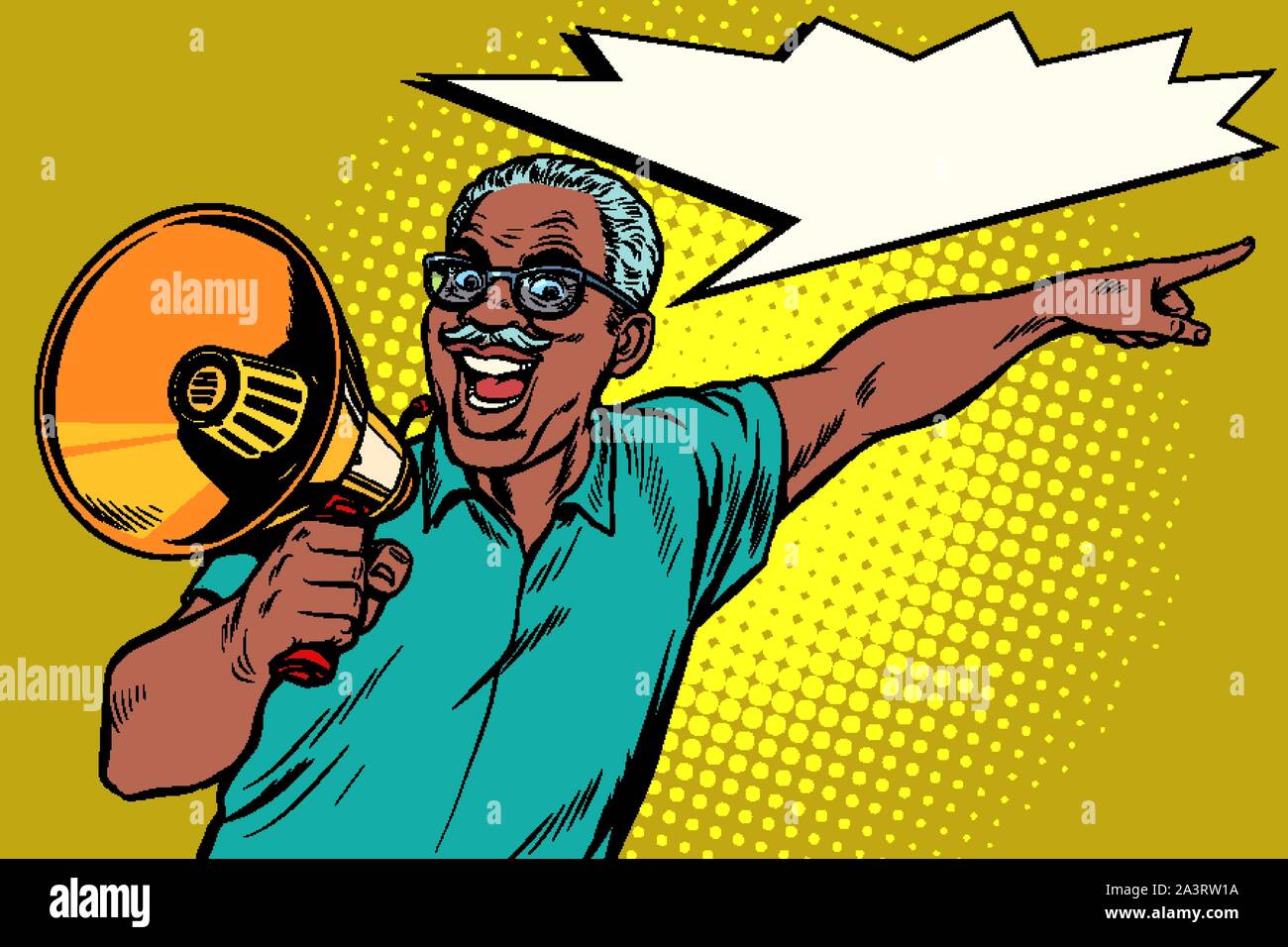 Afrikanische älterer Mann mit Megaphon. Pop Art retro Vektor illustration Zeichnung vintage Kitsch Stock Vektor