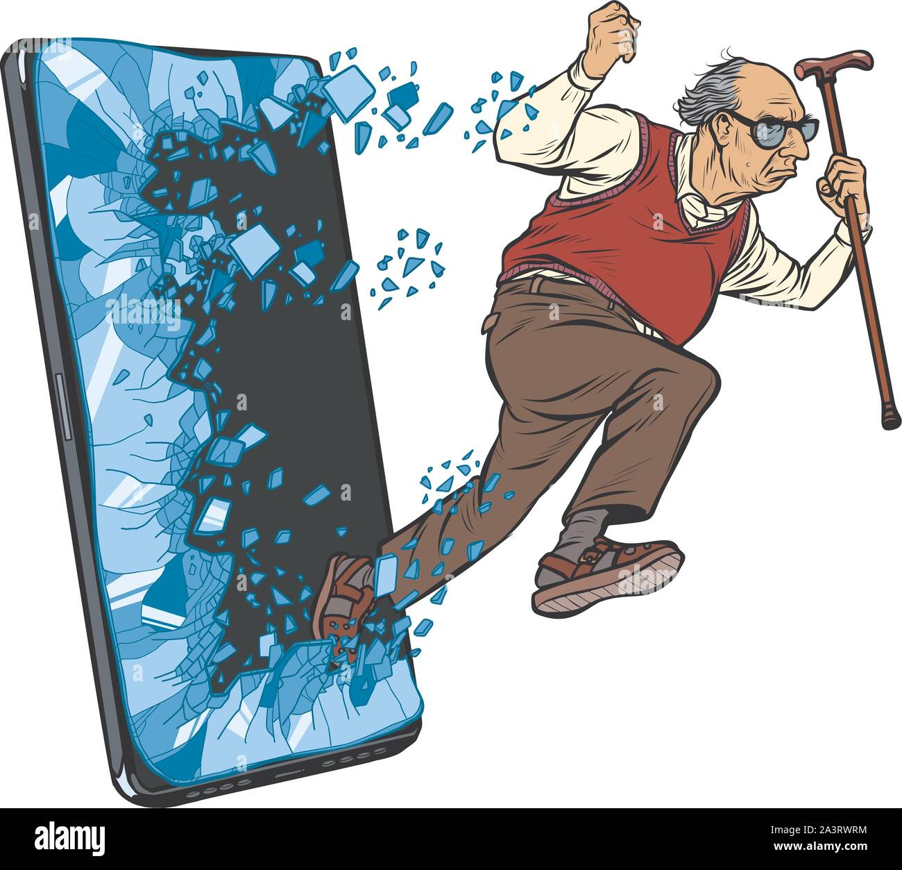 Alter Mann im Ruhestand Großvater Telefon gadget Smartphone. Online Internet Application Service Programm. Pop Art retro Vektor illustration Zeichnung vintage Ki Stock Vektor