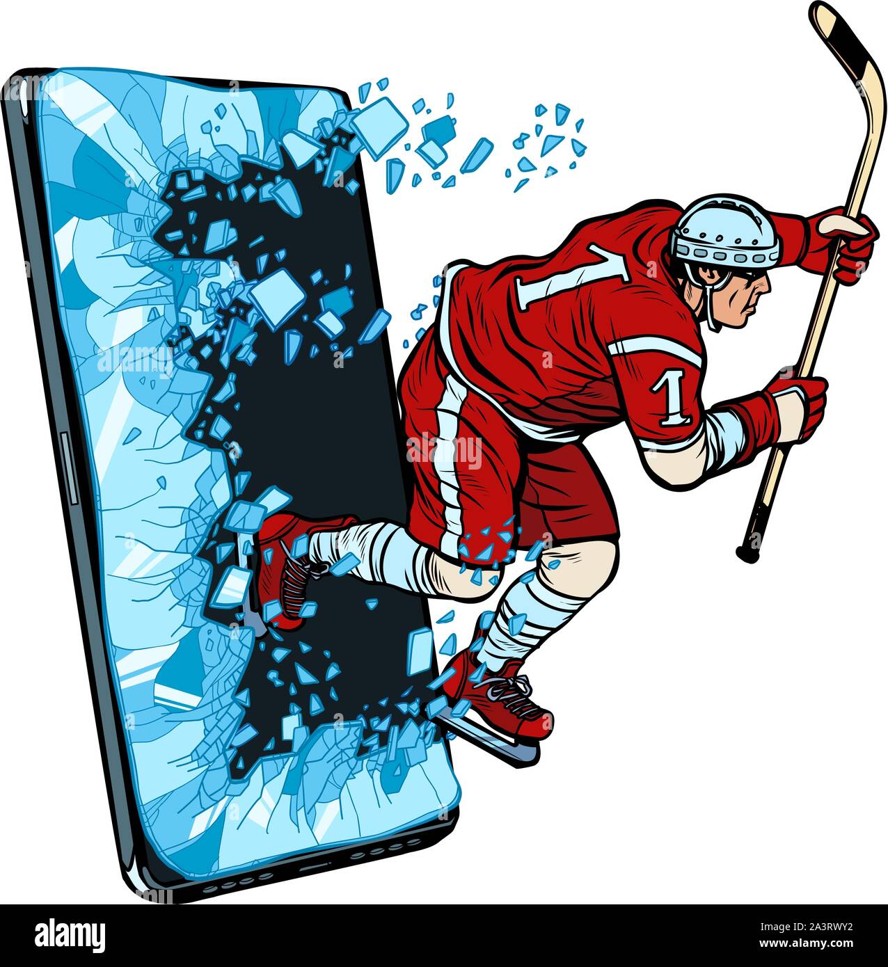 Hockey Player Telefon gadget Smartphone. Online Internet Application Service Programm. Pop Art retro Vektor illustration Zeichnung vintage Kitsch Stock Vektor