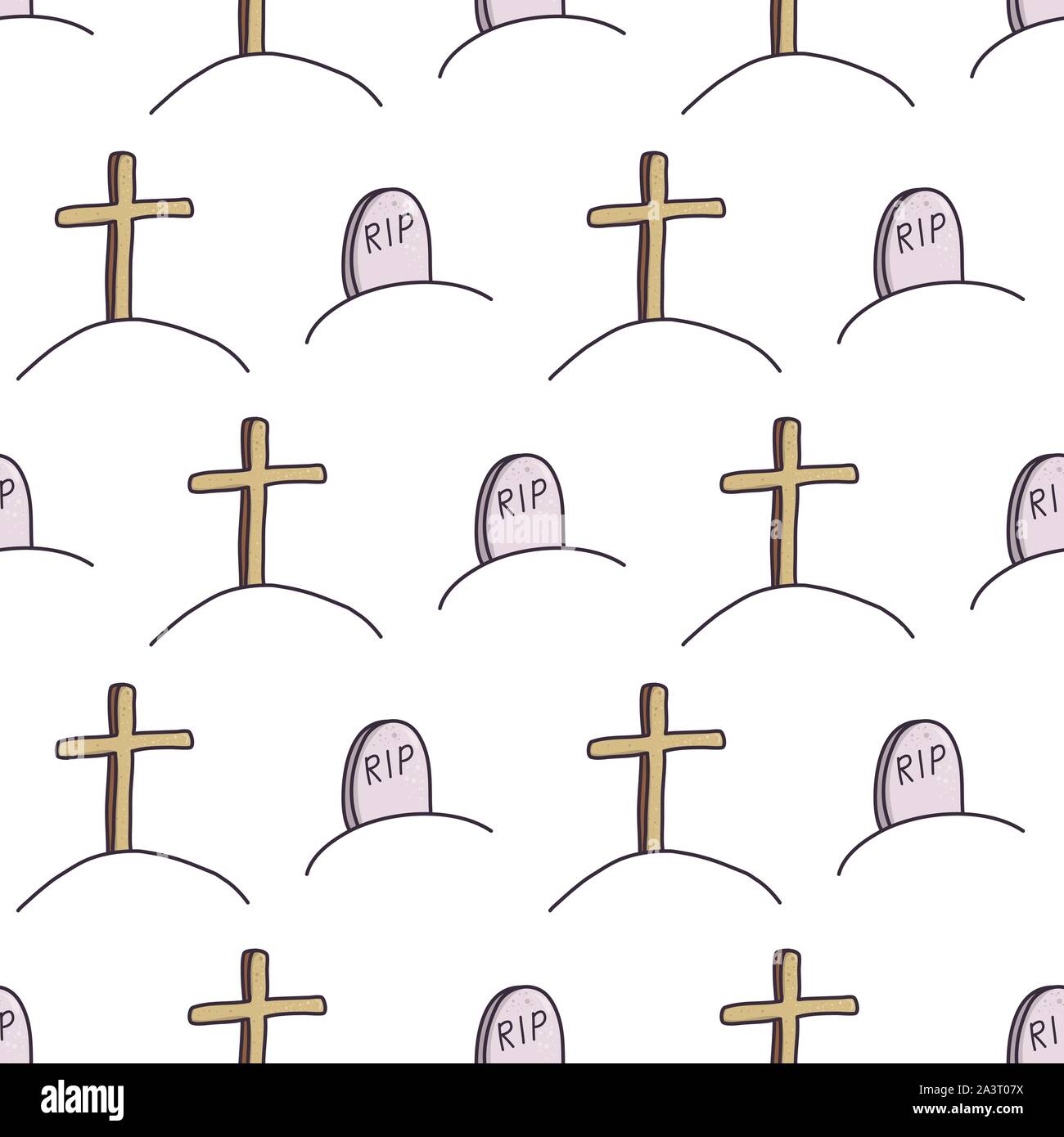 Cartoon Grabstein mit Kreuz creepy nahtlose Muster für die Feier gestalten. Urlaub vektor Textur Hintergrund. Stock Vektor
