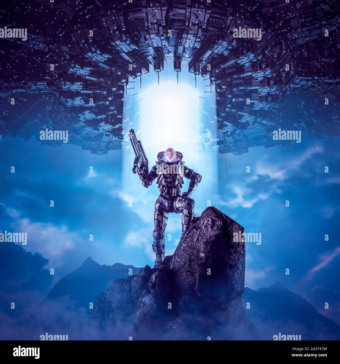 Die Tochter des New Dawn/3D-Darstellung der science fiction Szene mit weiblichen militärischen Astronaut auf dem Berg oben mit riesigen außerirdischen Raumschiff Stockfoto