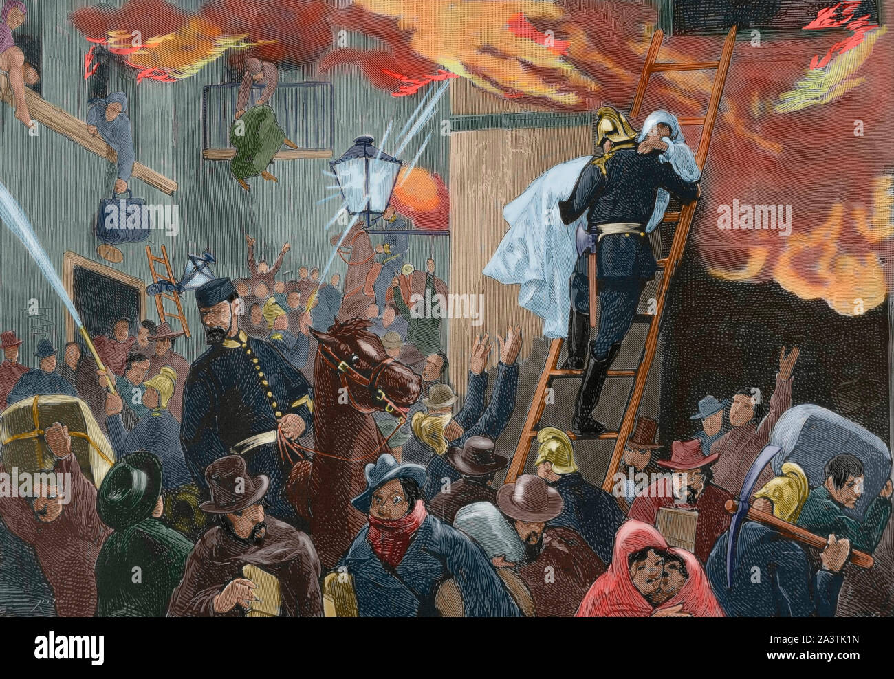 Stadt Iquique (Peruanische Gebiet bis 1878, wenn es im Anhang zu Chile Peru nach der Niederlage in den pazifischen Krieg). Brennen und Zerstörung von Zwanzig - vier Blocks von Häusern aus Iquique, den 27. Oktober 1875. Gravur. La Ilustracion Española y Americana, 1876. Später Färbung. Stockfoto