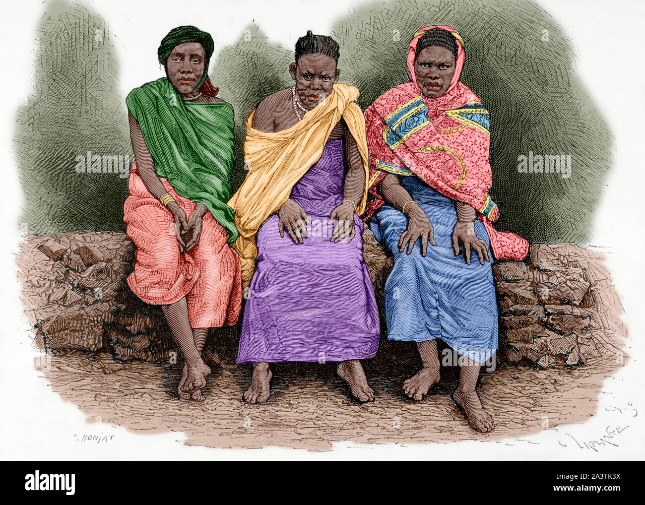 Zentralafrika. Drei Frauen aus dem Land der Gambaragara (Uganda), die zu den Expeditionary Corps, Expedition von Stanley. Zeichnung von Etienne Ronjat (1822-1912). Kupferstich von Charles Laplante (1837-1903). Afrika inexplorada, el Continente Misterioso von Henry Morton Stanley, C. 1887. Später Färbung. Stockfoto