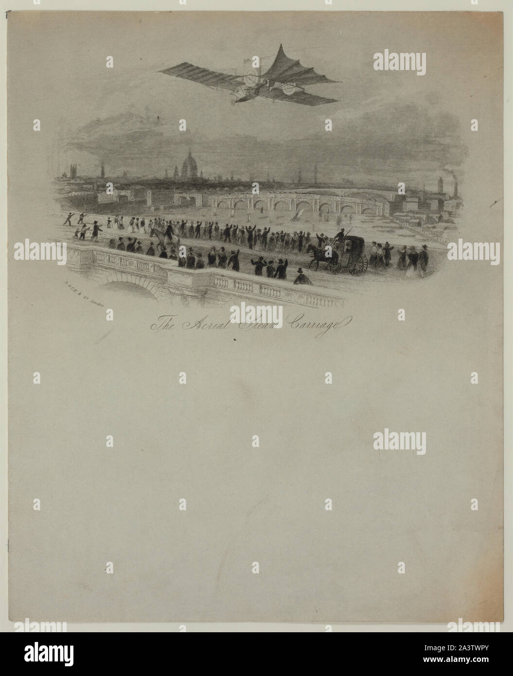 Die Antenne Dampf Beförderung Bildliche lettersheet zeigt britische Erfinder William Samuel Henson vorgeschlagenen dampfgetriebenen Flugmaschine in einem imaginären Flug über die Themse, London, 1843. Versuche, ein Modell der Antenne Dampf Schlitten zu fliegen, waren nicht erfolgreich. (Quelle: A.G. Renstrom, LC-Personal, 1981-82). Stockfoto