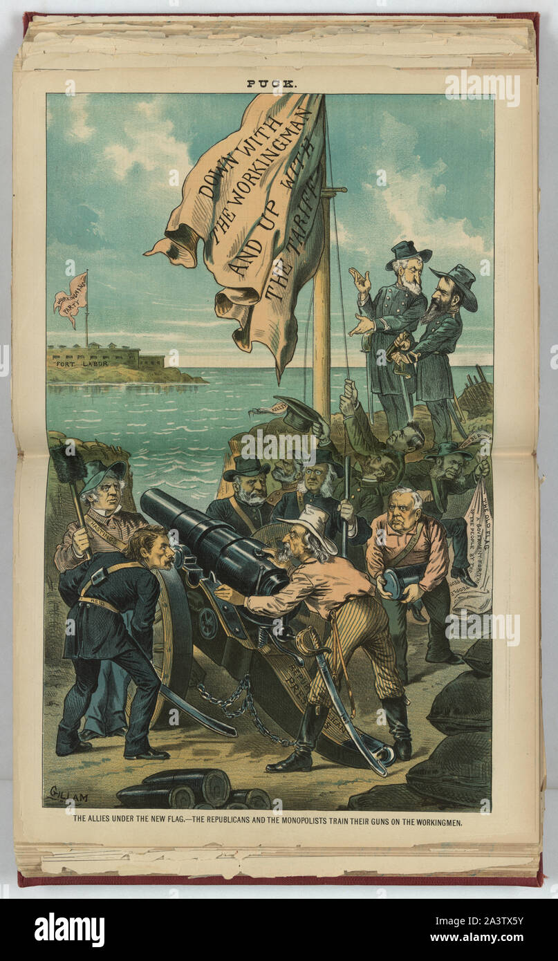 Die Alliierten unter der neuen Flagge - die Republikaner und die Monopolisten ihre Kanonen auf den arbeiterverein/Gillam. Stockfoto