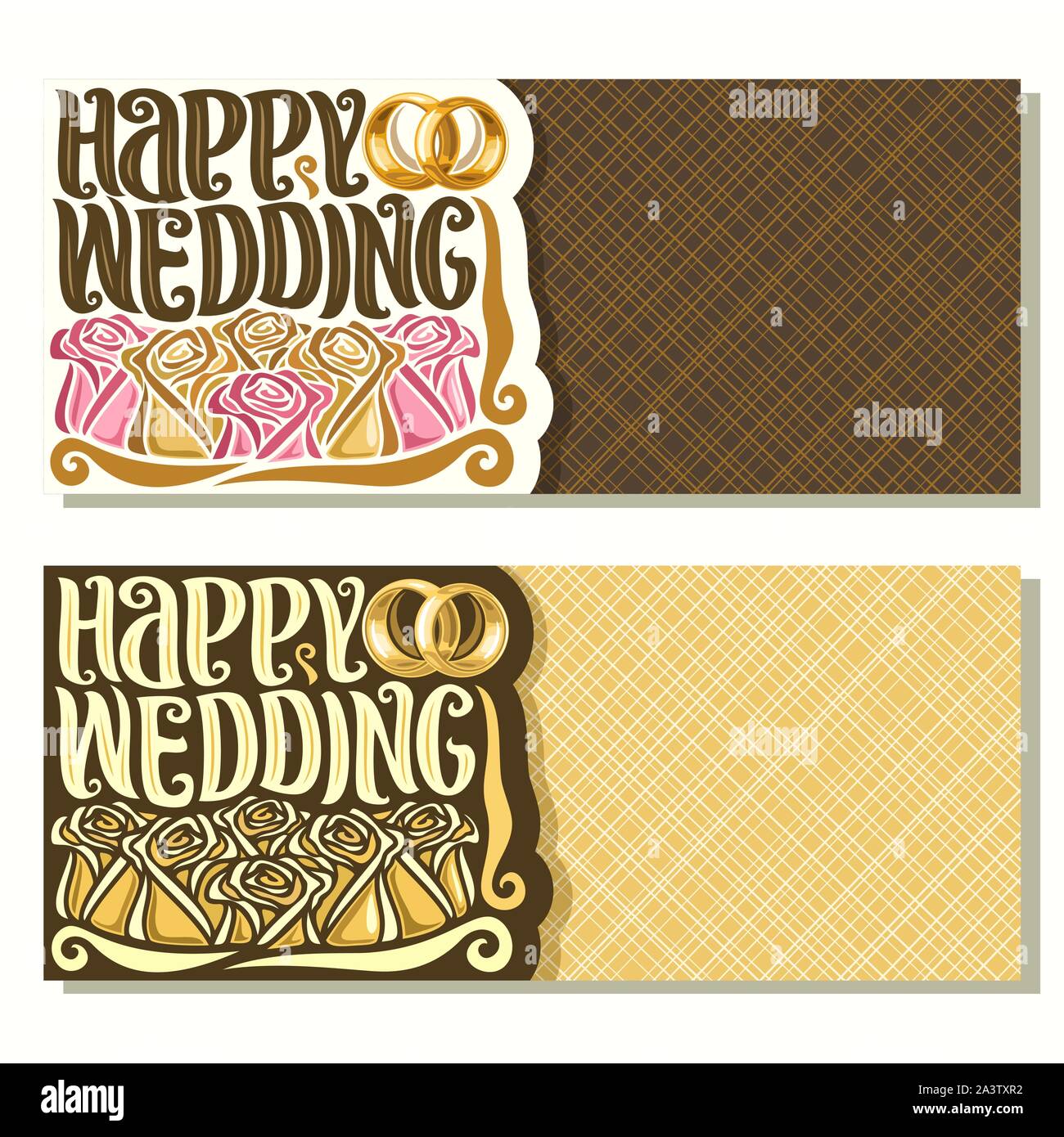 Vektor Einladungen für Hochzeit mit Kopie Raum, ein paar golden glänzenden Verlobungsringe und Blumenstrauß aus Rosen, original vintage Kalligraphie font für Stock Vektor