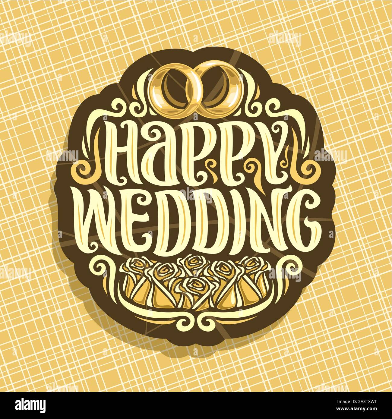 Vektor logo für Hochzeit, Schnitt mit Paar golden glänzenden Ringe, original vintage Kalligraphie font für Begrüßungstext glücklich, Hochzeit, bouqu Stock Vektor