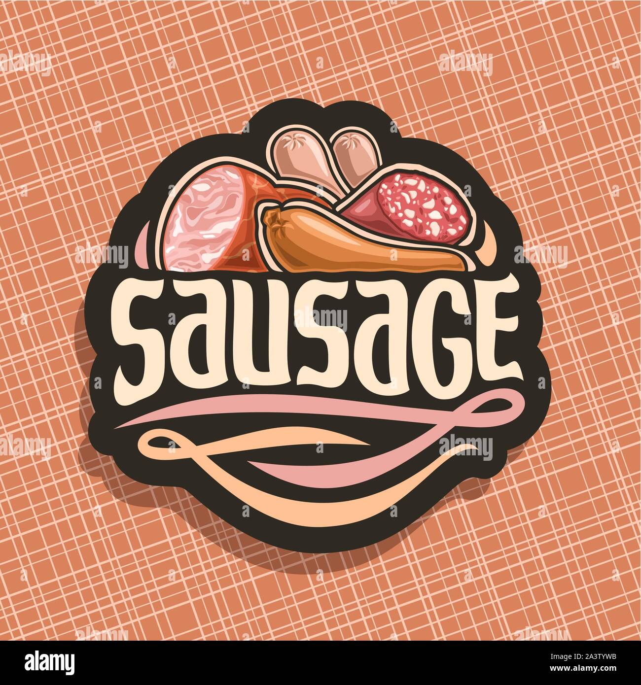 Vektor logo für Wurst, geschnitten Aufkleber mit ursprünglichen Bürste Schriftart für Titel text Wurst, geschnittenes Schweinefleisch Schinken, roh deutsche Bratwurst, Salami und geräuchertem Stock Vektor