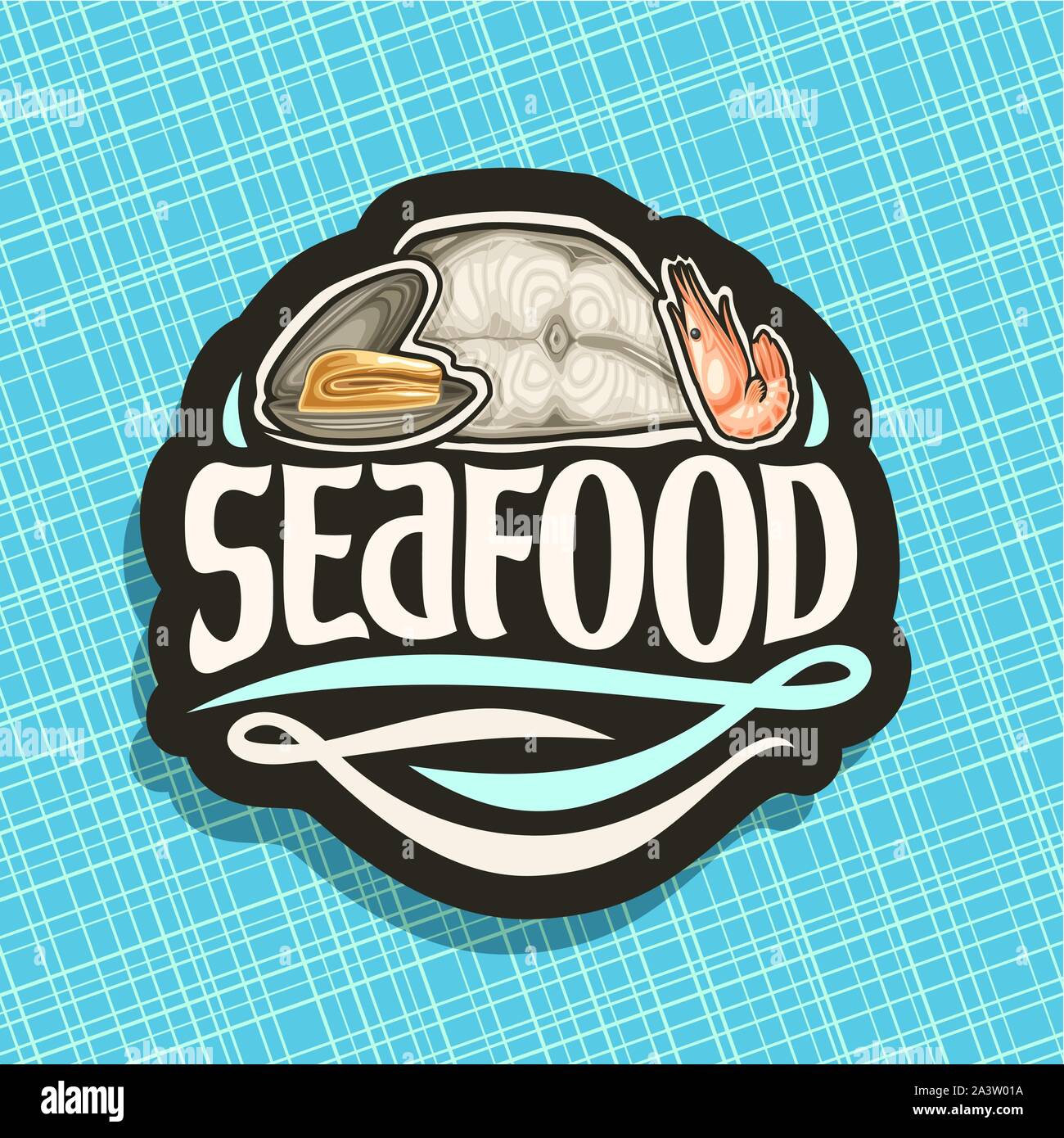 Vektor logo für Meeresfrüchte, Open raw Mussel, geschnitten Stück Lachs Fisch und rote gekochte mediterrane Garnelen, ursprünglichen Bürste Schrift für Wort Meeresfrüchte, c Stock Vektor
