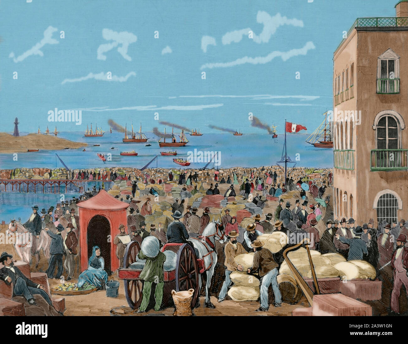 Krieg im Pazifik (1879-1883). Western Südamerika mit Bolivien und Peru vor Chile als Belligerants. Chilenische heraus nach der Entriegelung des Hafens von Iquique (Peru), 1879. Kupferstich von Rico im 'La Ilustracion Española y Americana", 1789. Später Färbung. Stockfoto