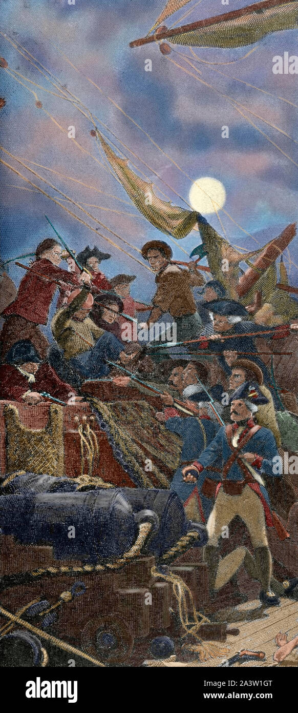 Amerikanischer Unabhängigkeitskrieg (1775-1783). John Paul Jones (1747-1792) erfasst das britische Schiff Serapis am 23. September 1779. Amerikanische Revolution. 19. Später Färbung. Stockfoto