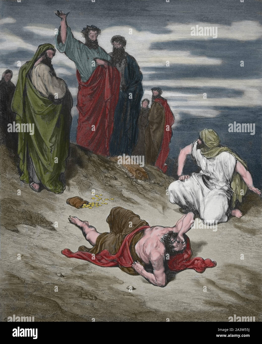 Handeln der Apostel. 5:5. Tod des Hananias. Gravur. Bibel Illustrationen von Gustave Dore. 19. Stockfoto