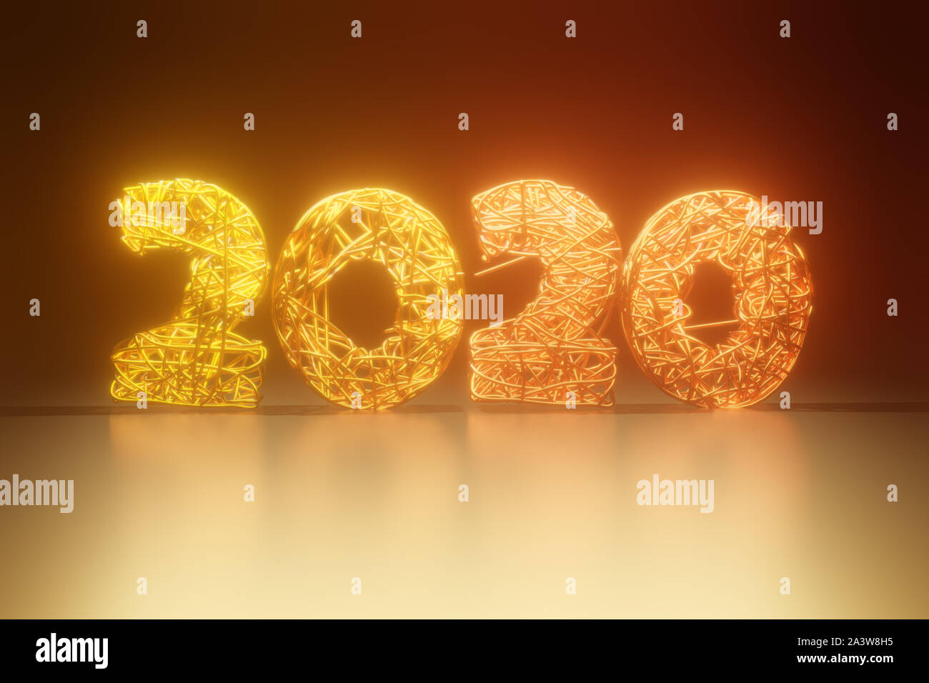 2020 Neue Jahr goldene Zahlen geflochten aus Draht. Kreatives Konzept für den Urlaub. Lichteffekte. Stockfoto