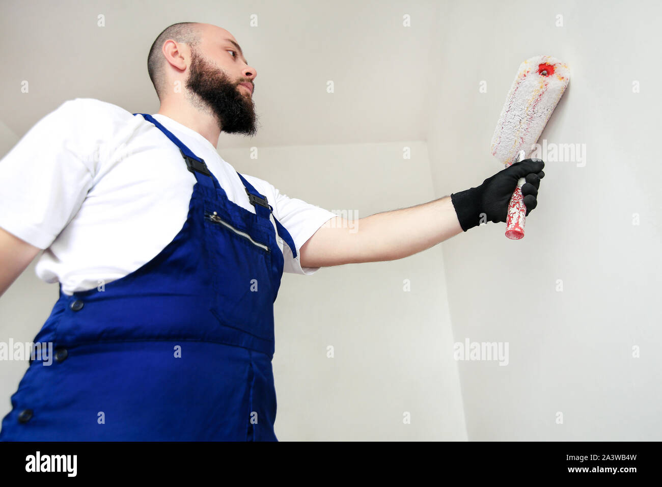 Bauarbeiter tun beenden Renovierung im Apartment. Professionelle Maler Auftragnehmer mit weißer Farbe bürstenrolle Malerei der Betonwand. Stockfoto