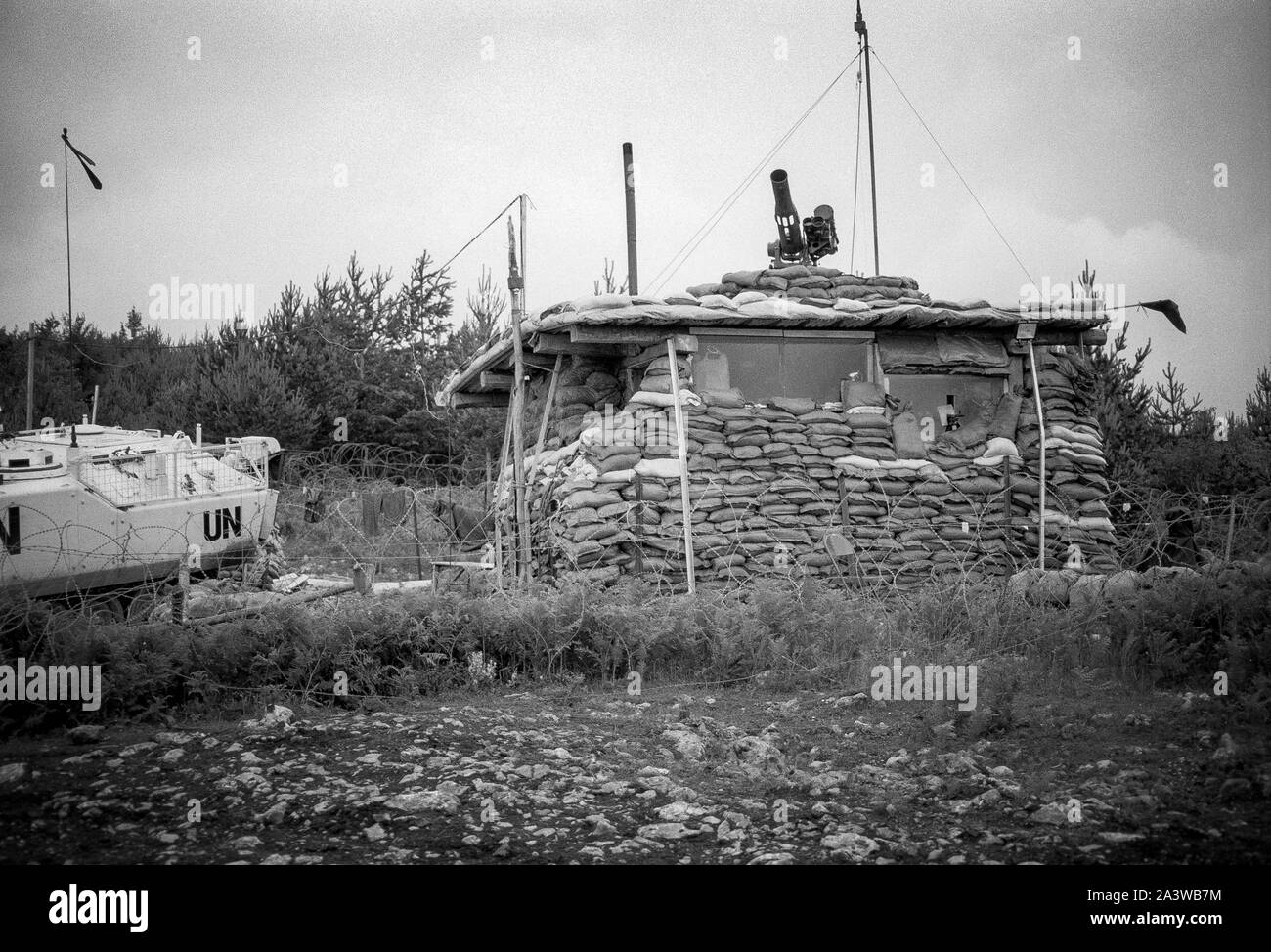 Eine Unprofor observationpost Umgebung er Enklave Srebrenica während des bosnischen Krieges. Stockfoto