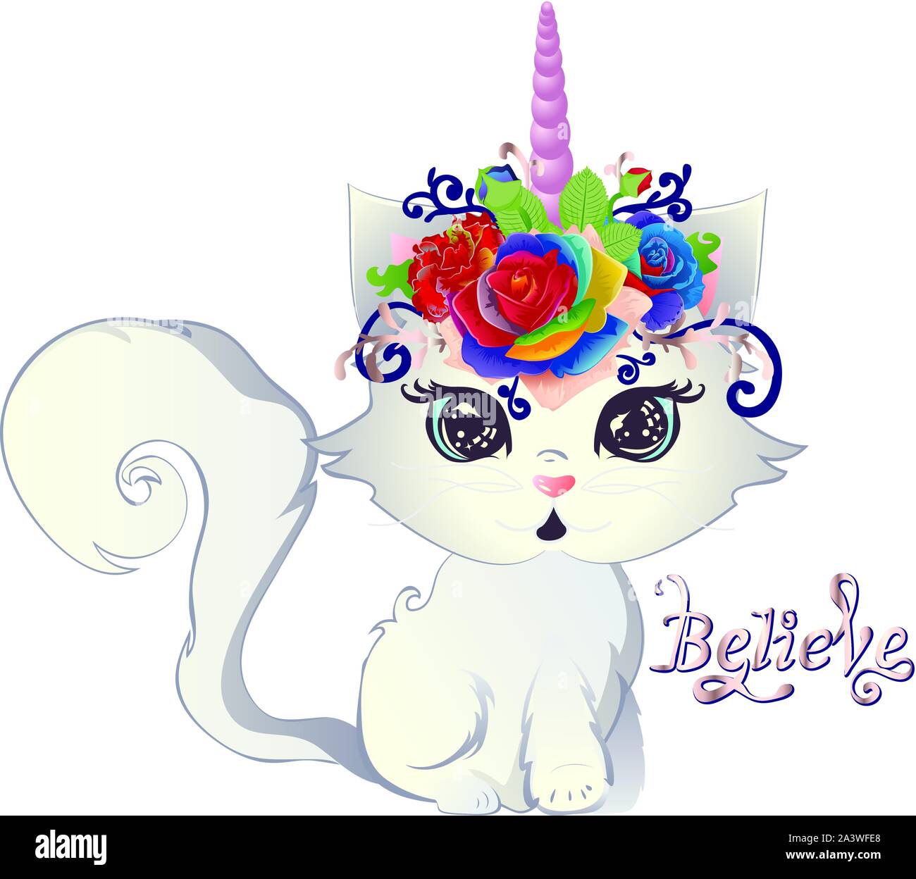 Süße blue eyed weiße Katze mit Horn verziert mit Rosen und Blumen. Stock Vektor