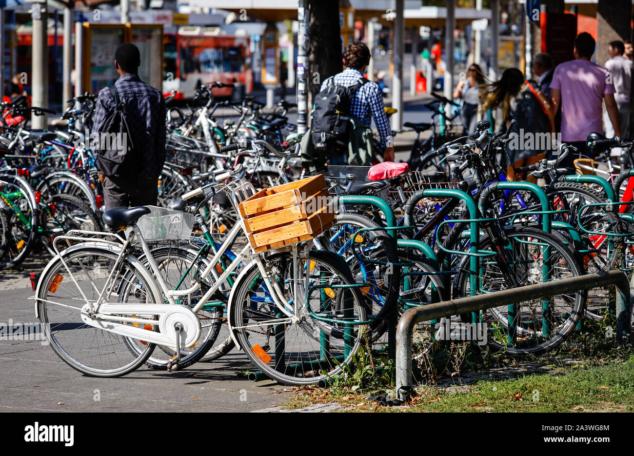 22.09.2019, Bonn, Nordrhein-Westfalen, Deutschland - Fahrrad parken, viele Fahrräder sind in Fahrradständer in der Bonner Innenstadt. 22.09.2019, Bonn, Nordrh Stockfoto