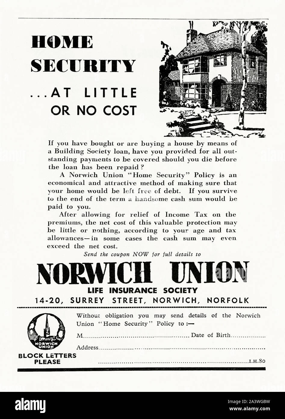 Anzeige für Norwich Union Lebensversicherung, 1951. Die Versicherung in der Werbung Empfohlene ist für Hypothek Versicherung. Dies ist eine Art der Versicherung (Restschuldversicherung), der gefunden wurde, MIS, viele britische Banken und Versicherungen im ersten Teil des 21. Jahrhunderts verkauft und war Gegenstand einer großen Anzahl von PPI Erstattungsansprüche. Nowich fusioniert mit AVV im Jahr 2000. Sie bildeten die Gruppe CGNU, das das Aviva Gruppe zu werden. 2009 Norwich Union wurde als Aviva umbenannt. Stockfoto