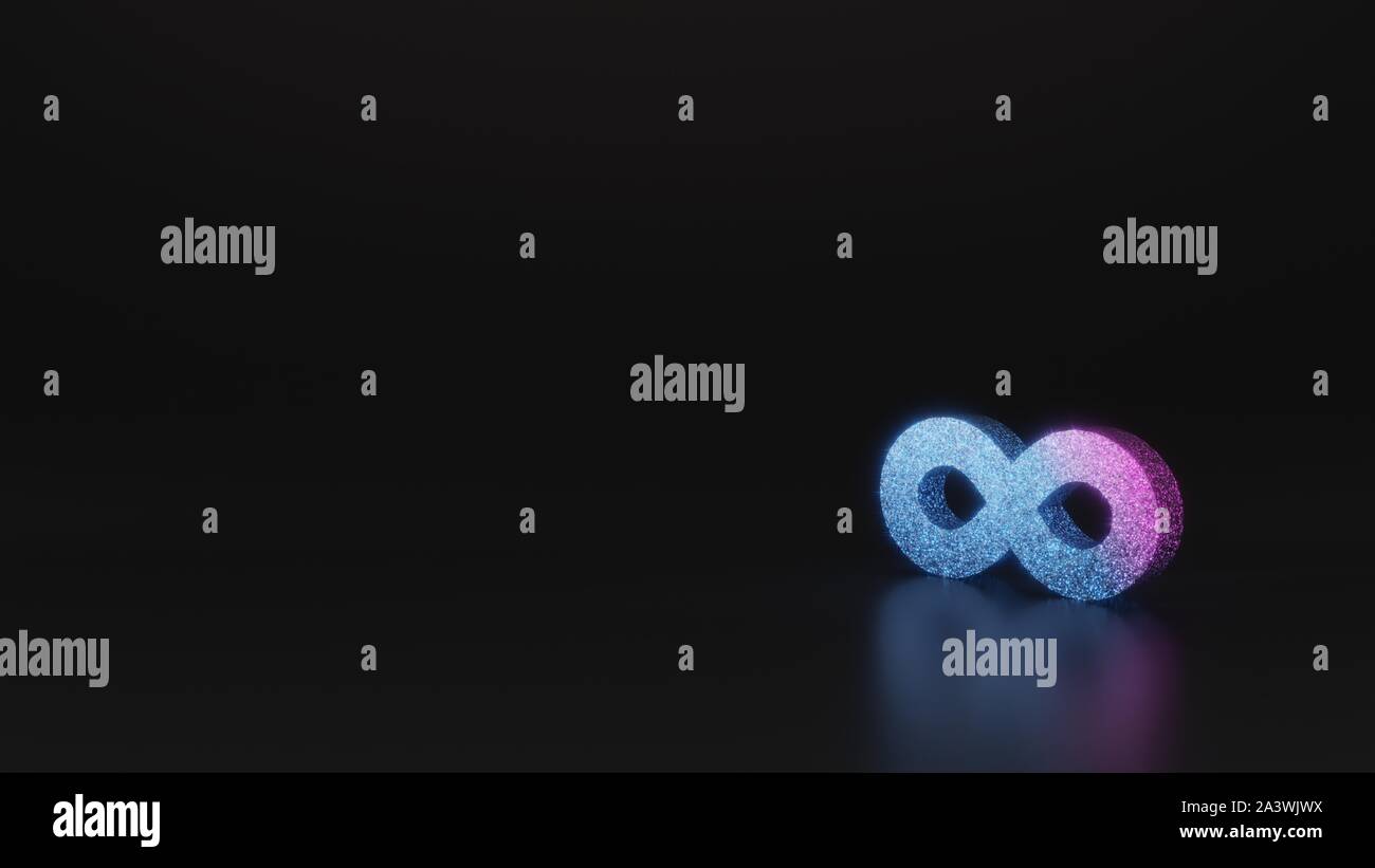 Glitter neon violett rosa ombre Symbol für Unendlichkeit Zeichen 3D-Rendering auf schwarzem Hintergrund mit unscharfen Reflexion mit funkelt Stockfoto